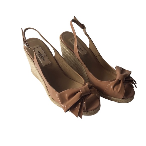Valentino Shoes - Valentino Nude Patent Leather Bow Peep Toe Espadrille Wedge Sandals 38/US 8